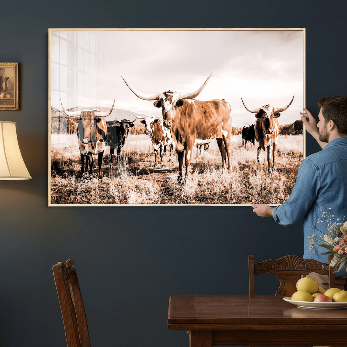 Texas Longhorn Cattle Wall Art Canvas Print, Sepia Western