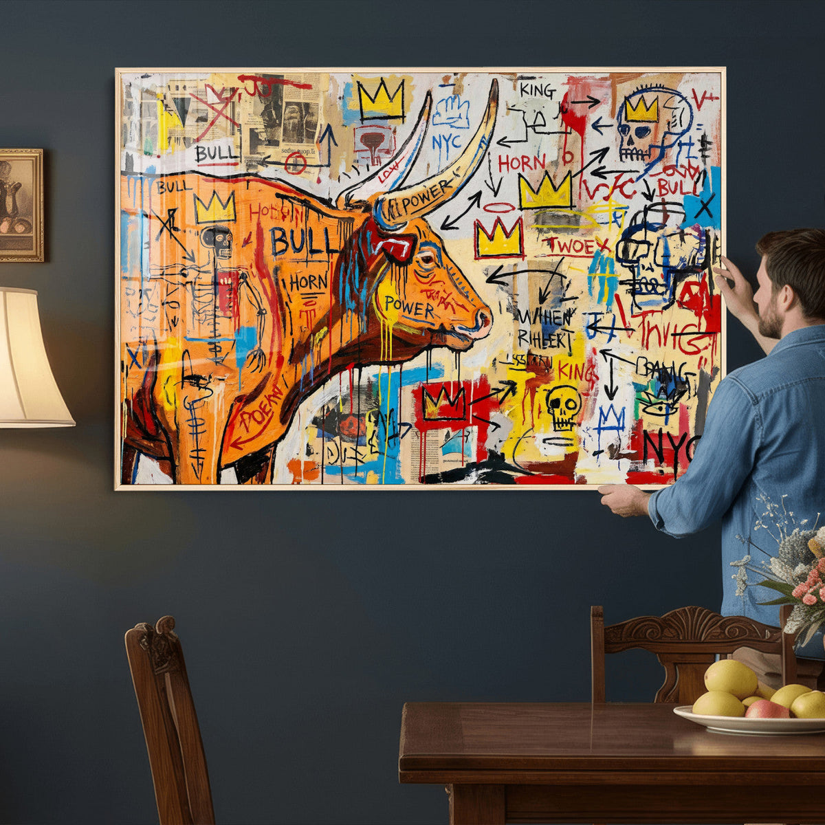 Basquiat Style Bull Graffiti Wall Art Canvas Print, Street