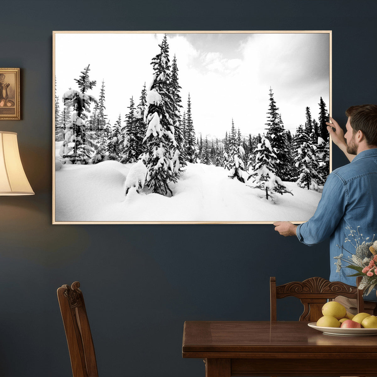Black and White Snowy Pine Forest Wall Art Canvas Print,