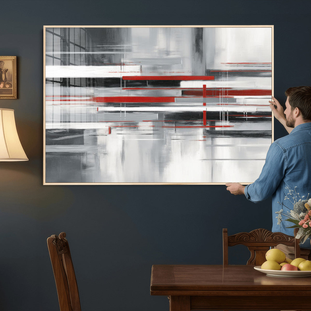 Gray Red Abstract Wall Art Canvas Print, Modern Abstract