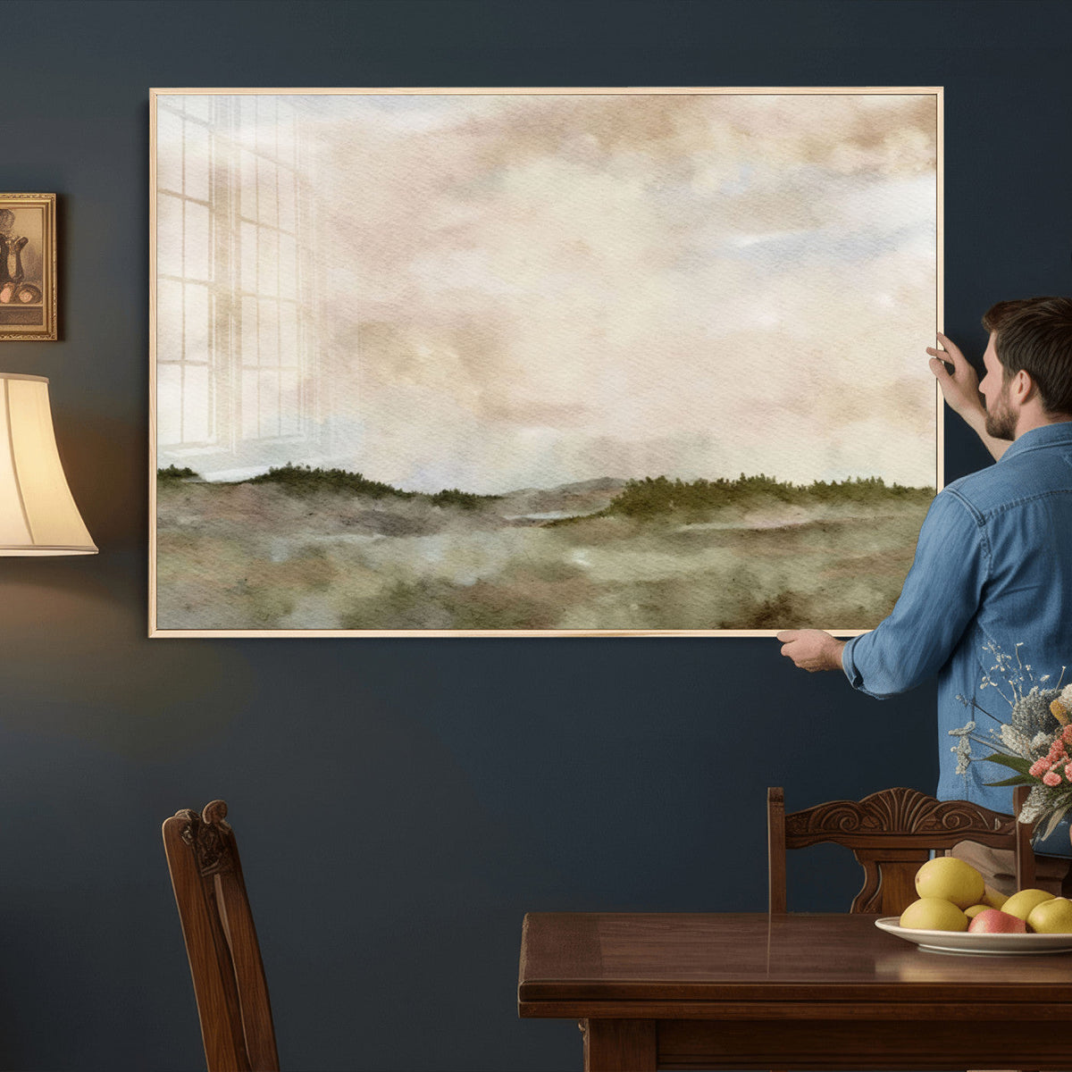 Muted Watercolor Hill Landscape Print — Beige Taupe Cloudy