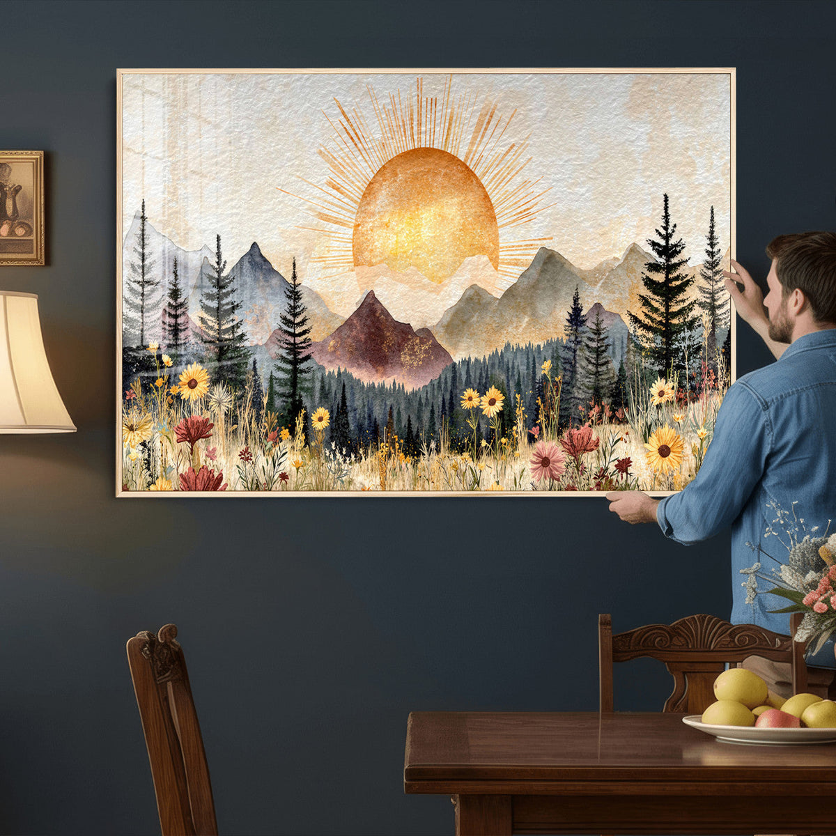 Boho Mountain Landscape Large Wall Art, Horizontal Gold