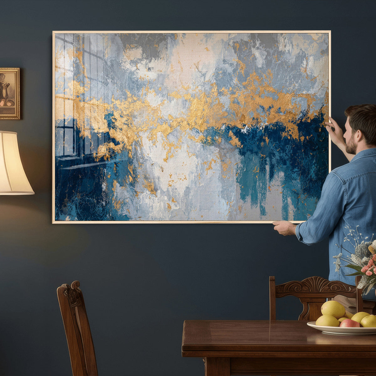 Blue Gold Abstract Large Framed Canvas Wall Art, Modern