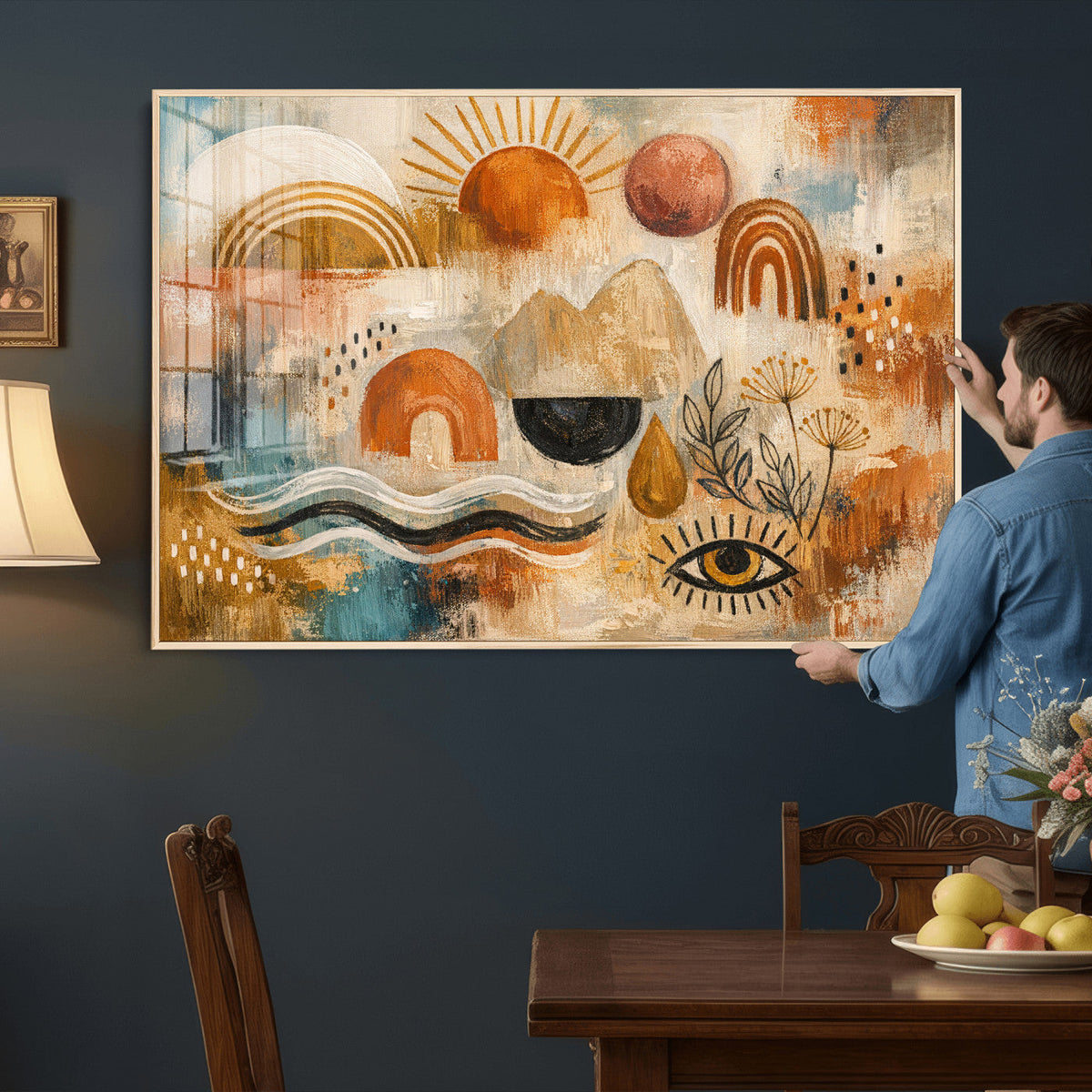 Geometric Boho Abstract Wall Art Canvas Print, Orange Blue