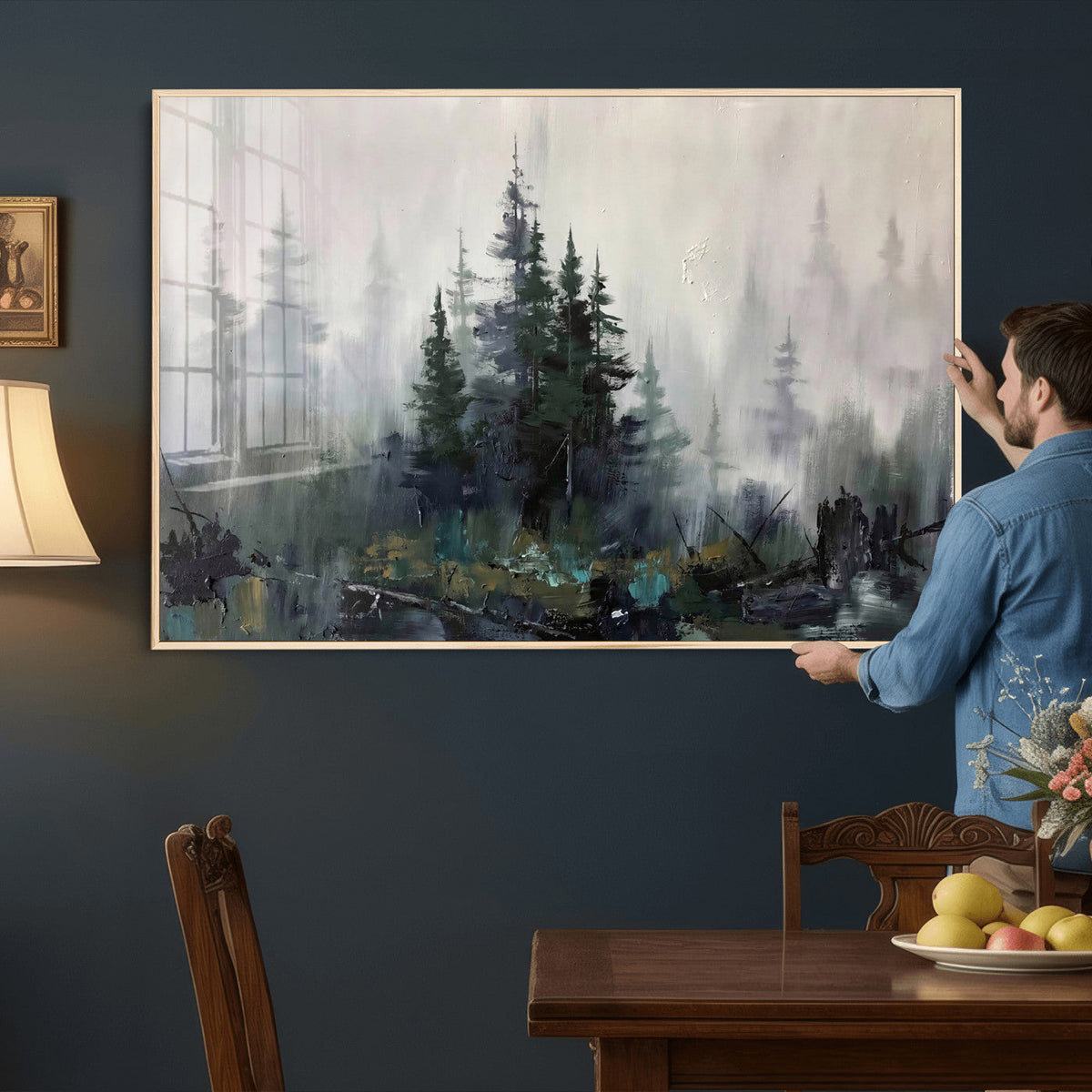 Misty Pine Forest Oil Painting Canvas — Dark Moody Teal Grey