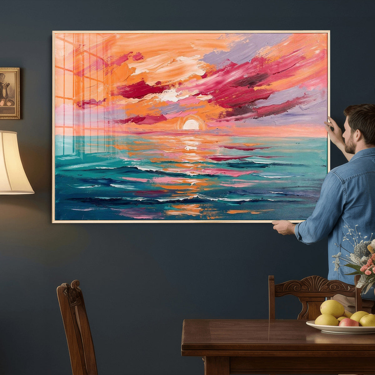 Bold Palette Knife Ocean Sunset Canvas — Orange Pink Teal