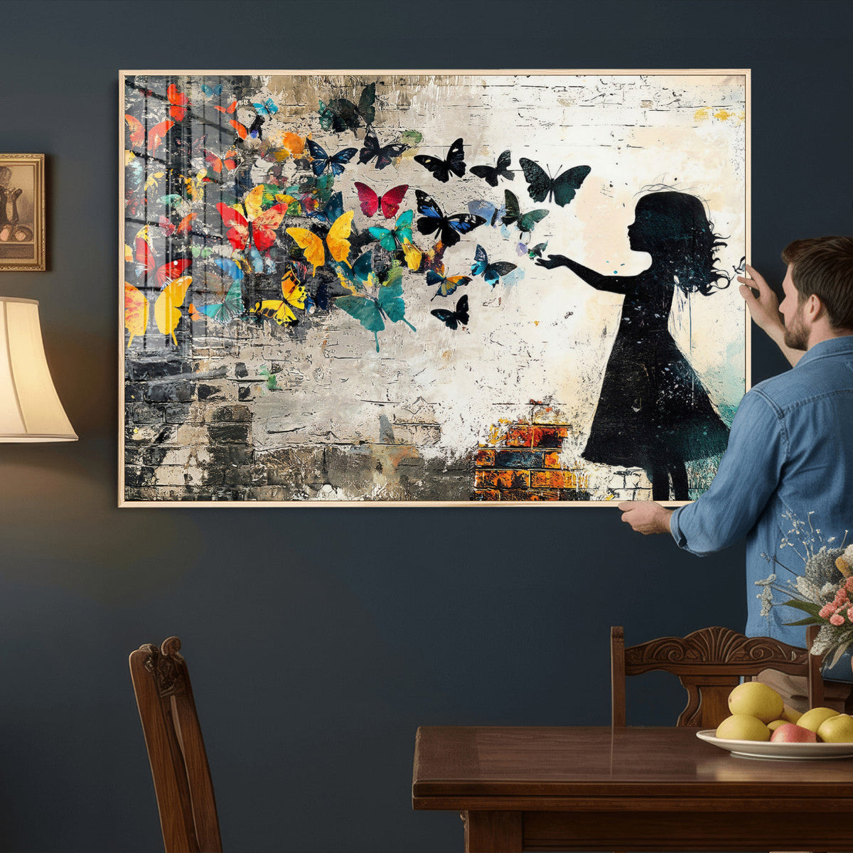 Banksy Butterfly Girl Wall Art Canvas Print, Framed Street