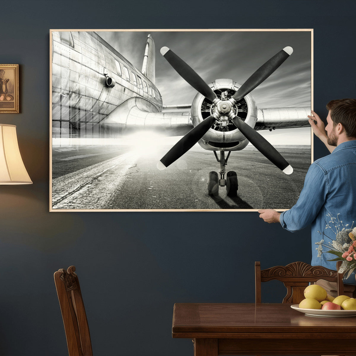 Vintage Airplane Wall Art Canvas Print, Black and White