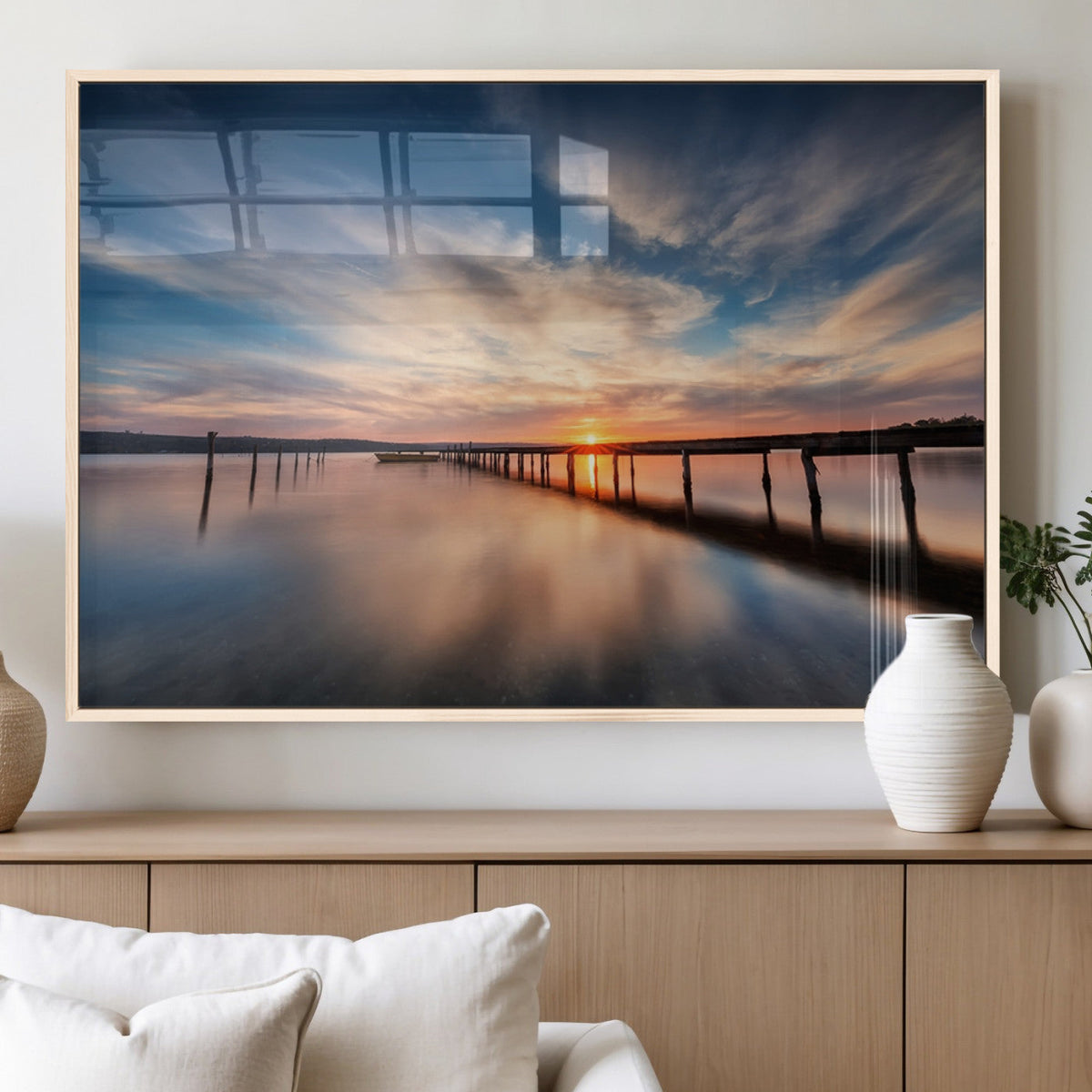 Wooden Pier on Seascape and Sunset Wall Art Canvas Print
