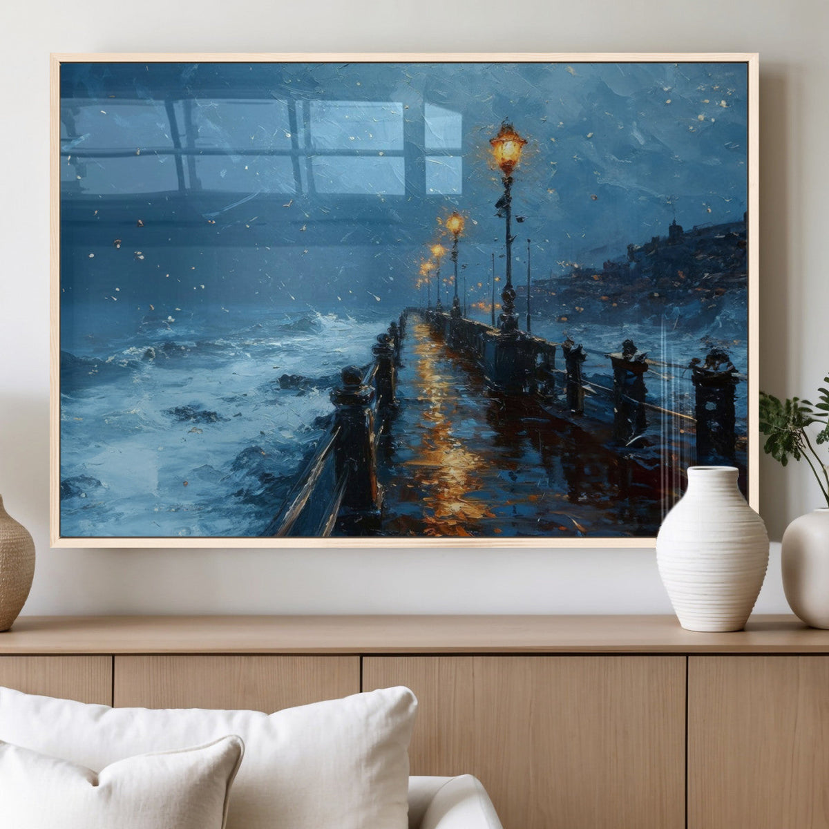 Stormy Night at Beach Pier Oil Painting Large Wall Art