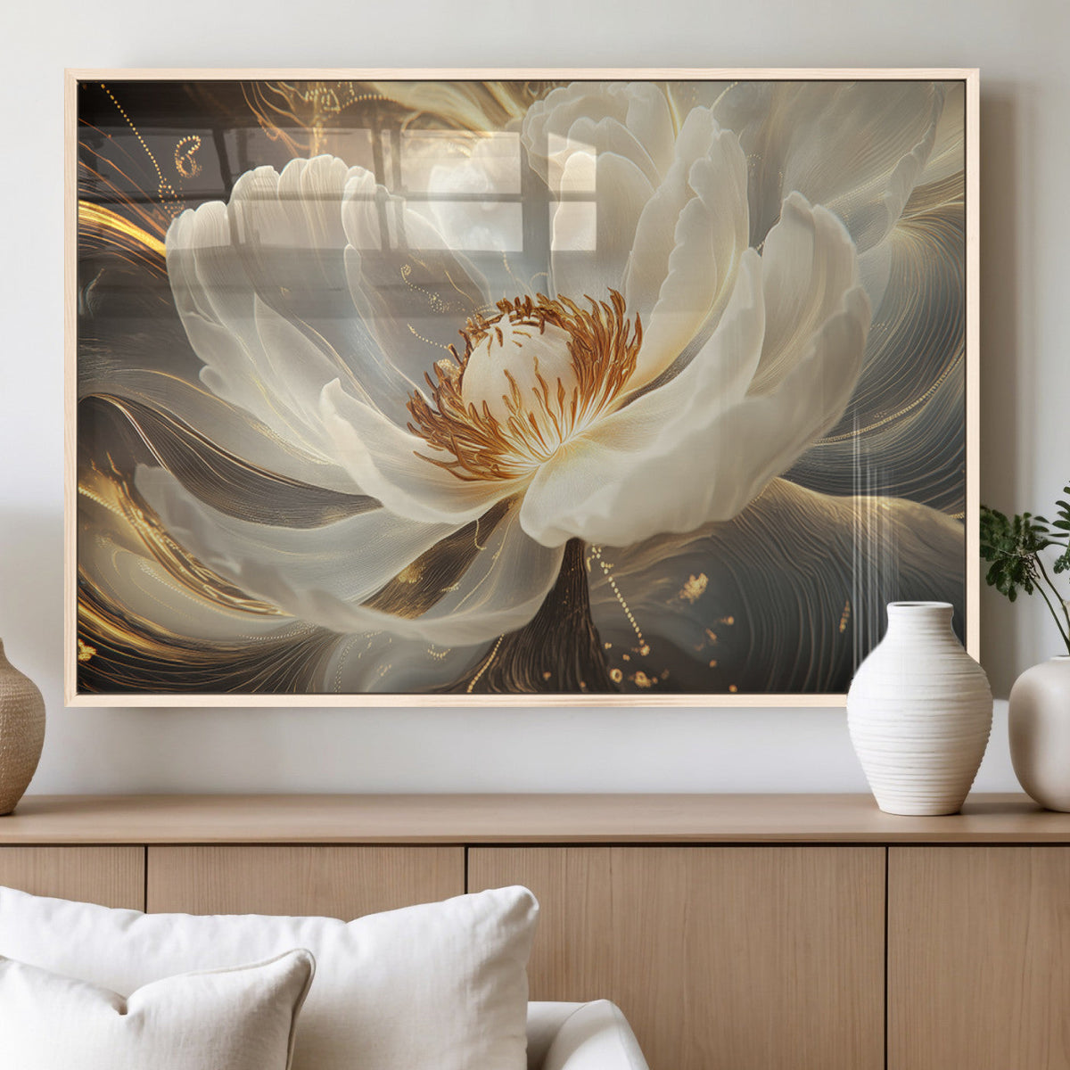 Gold Floral Wall Art Canvas Print, Framed Modern Flower Art