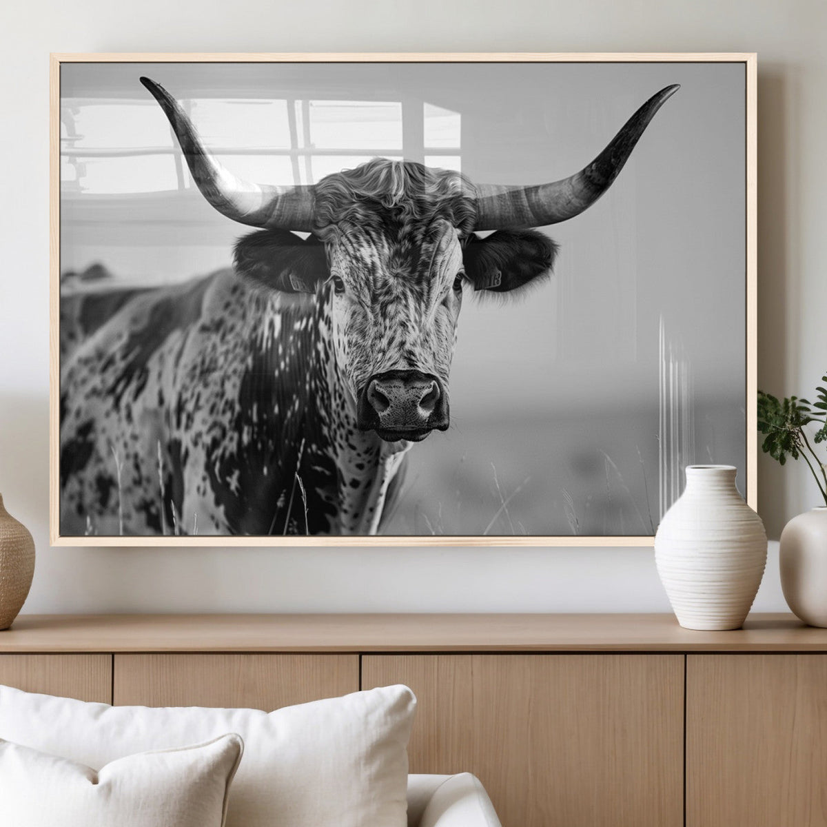 Texas Highland Cow Longhorn Canvas Print - Rustic Farmhouse