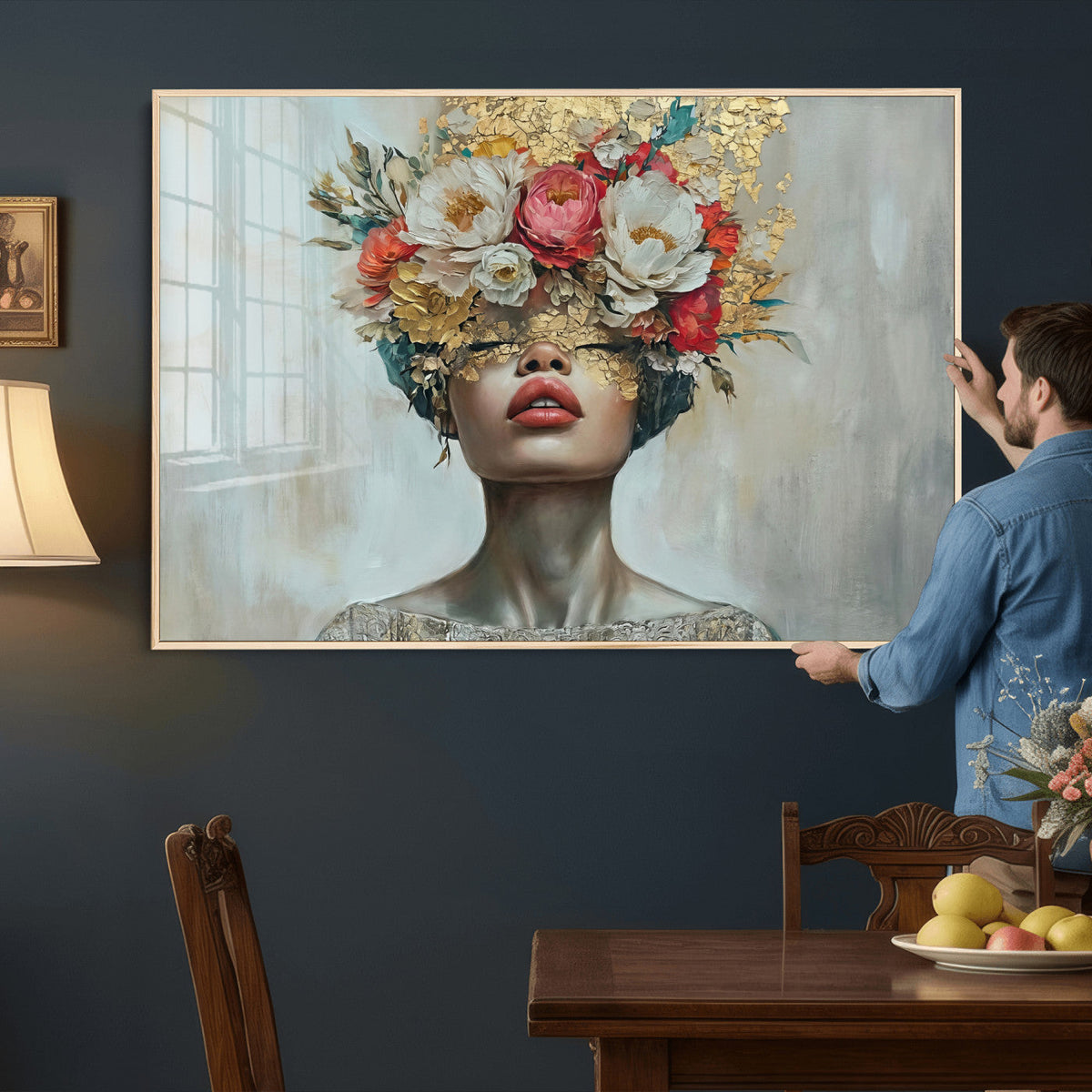 Golden Petal Wall Art Canvas Print - Silhouette Woman Wall