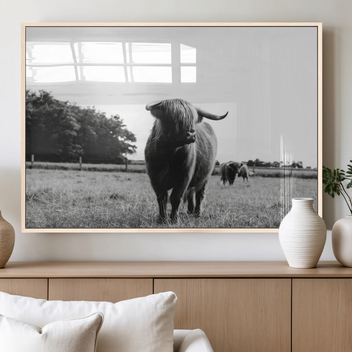 Black and White Highland Cow Wall Art Canvas Print | Rustic