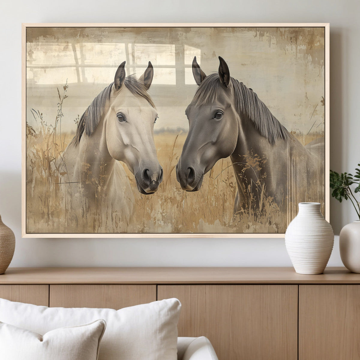 Chines Ink Style Grunge Horses Wall Art Canvas Print