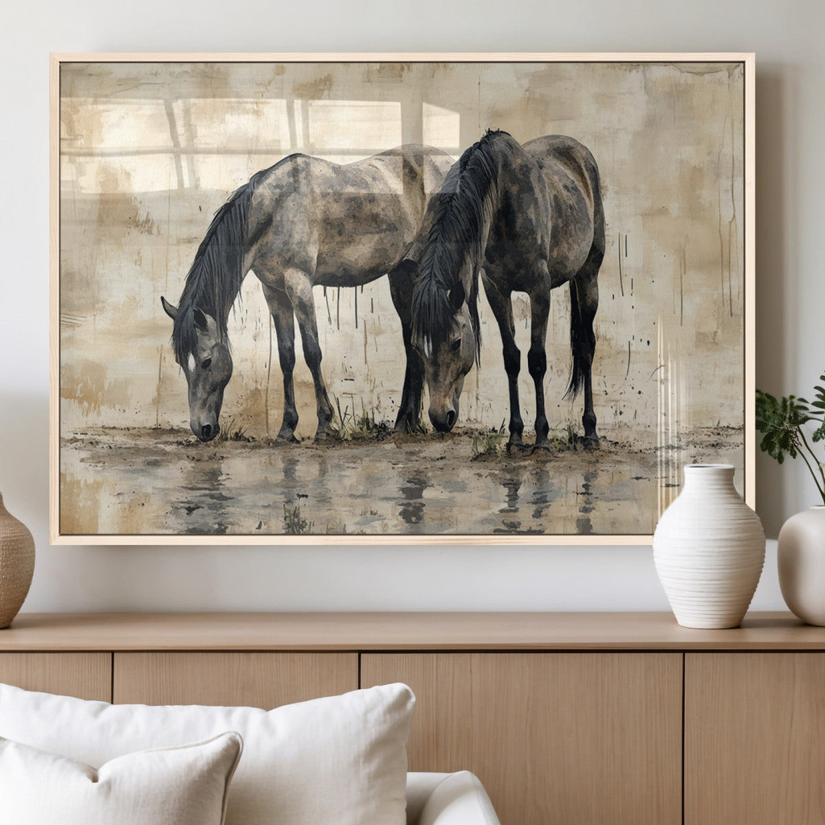 Chinese Style Abstract Black Horses Wall Art Canvas Print -