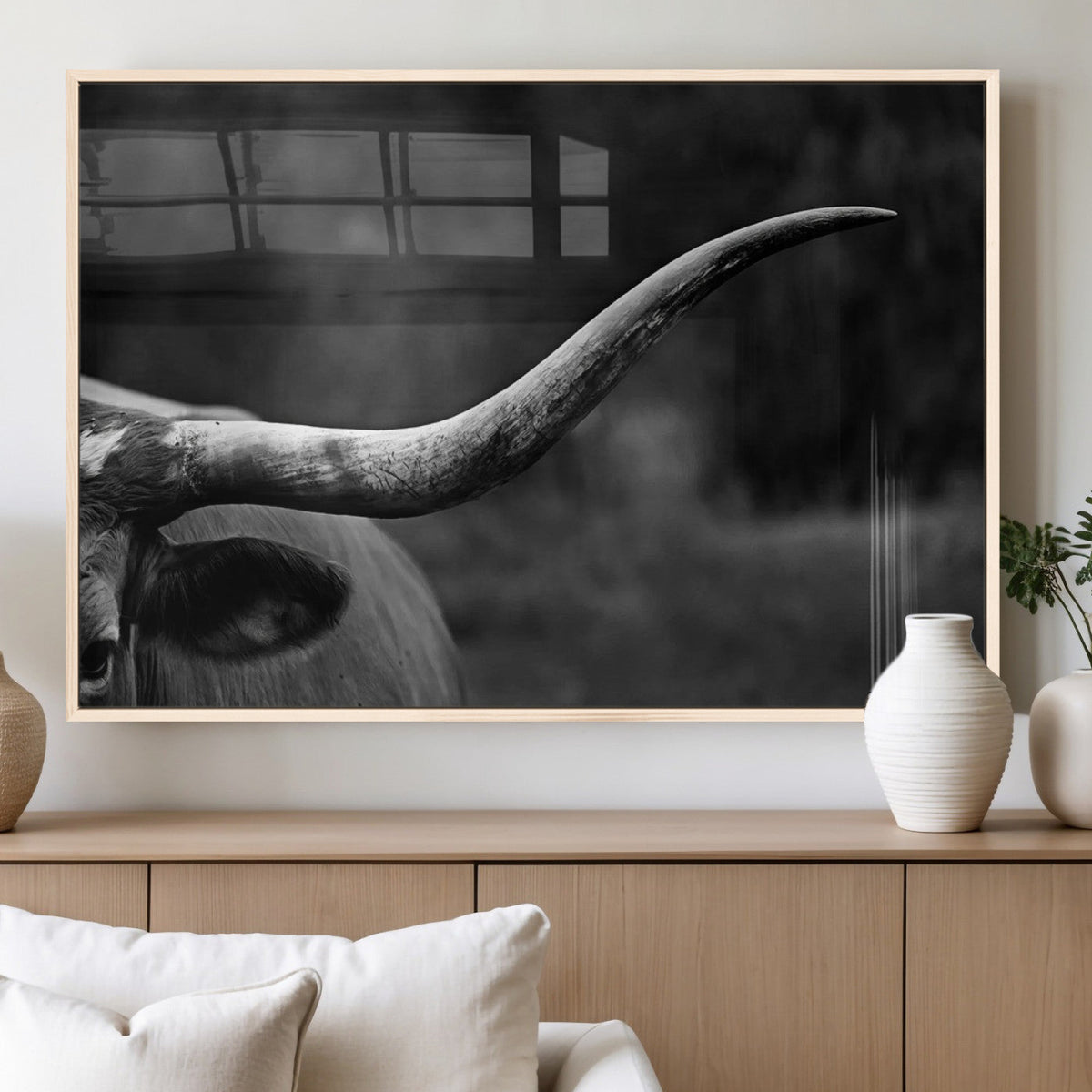 Cow Longhorn Wall Art | Black and White Print | Ready to