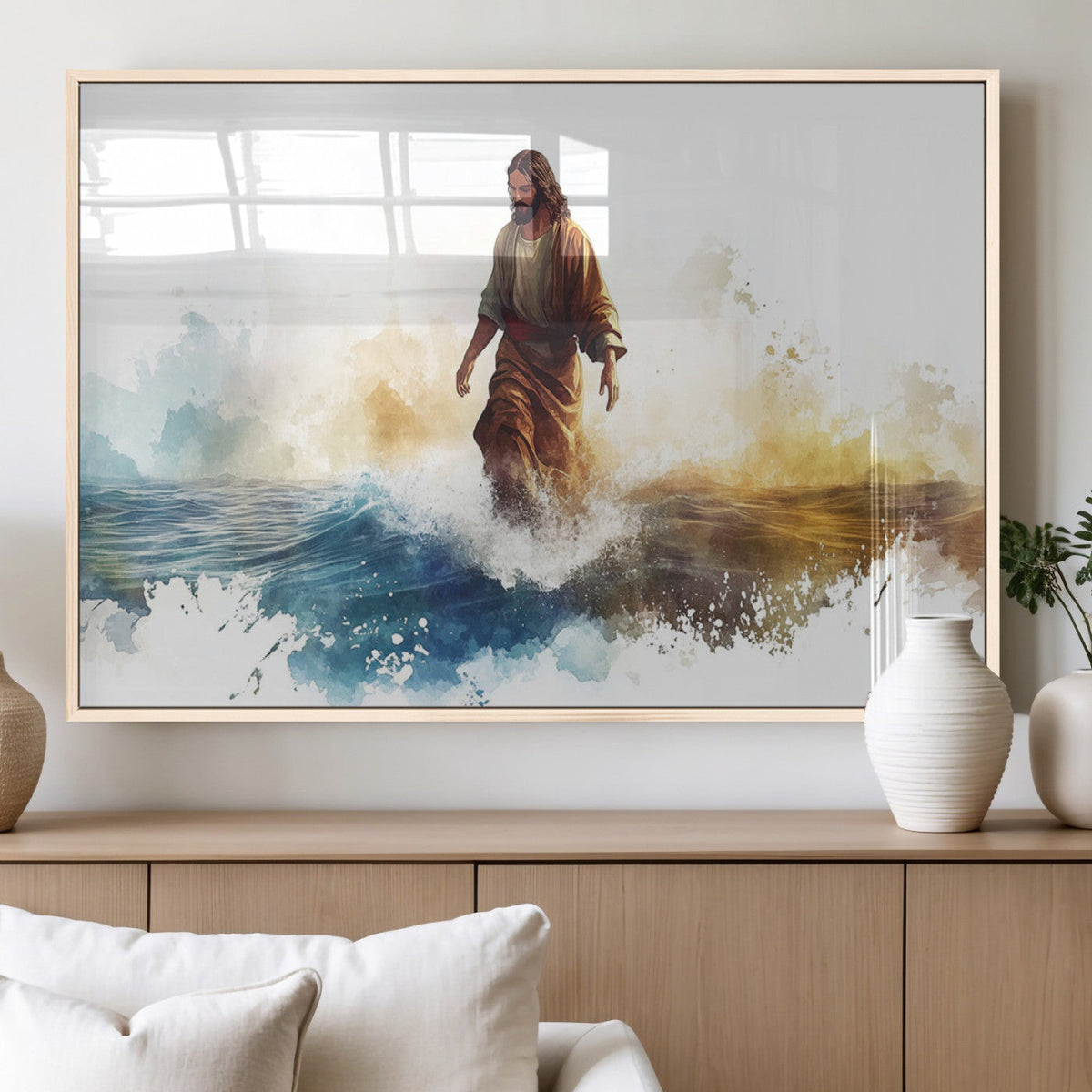 Watercolor Jesus Walking Wall Art Print, Jesus Water Canvas
