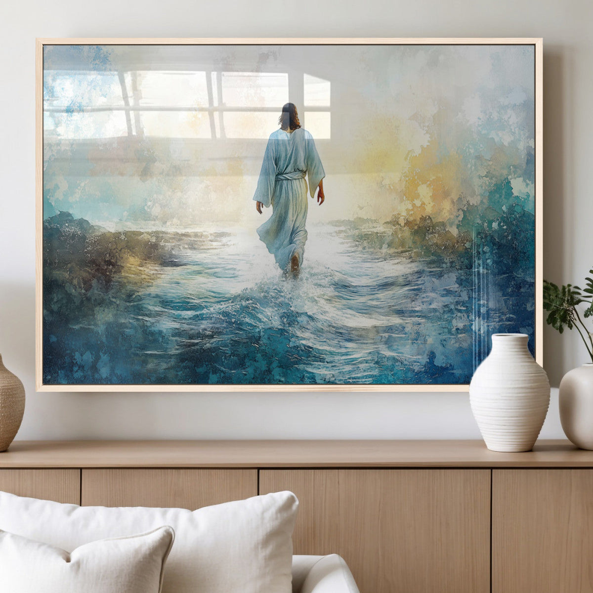 Watercolor Jesus Walking on Water Canvas Print, Christian