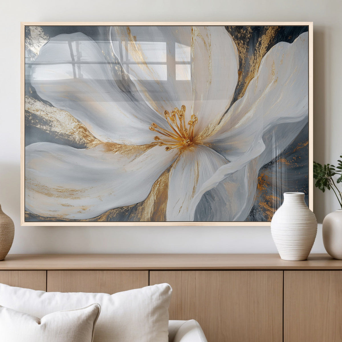 White and Gold Floral Canvas Wall Art - Framed and Ready to