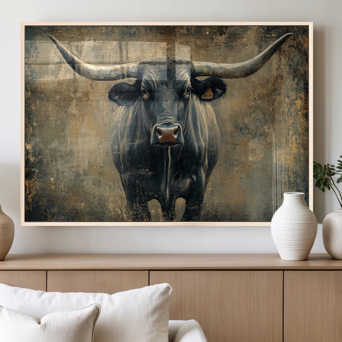 Texas Longhorn Bull Wall Art – Framed Rustic Cow Canvas