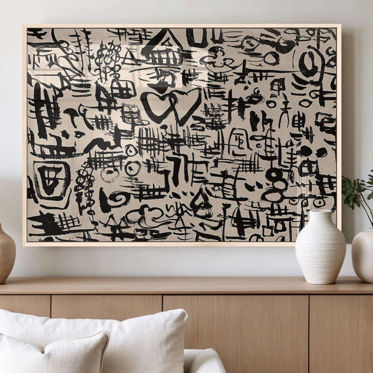 Abstract Love and Chaos Canvas Print, Black Symbols on Beige