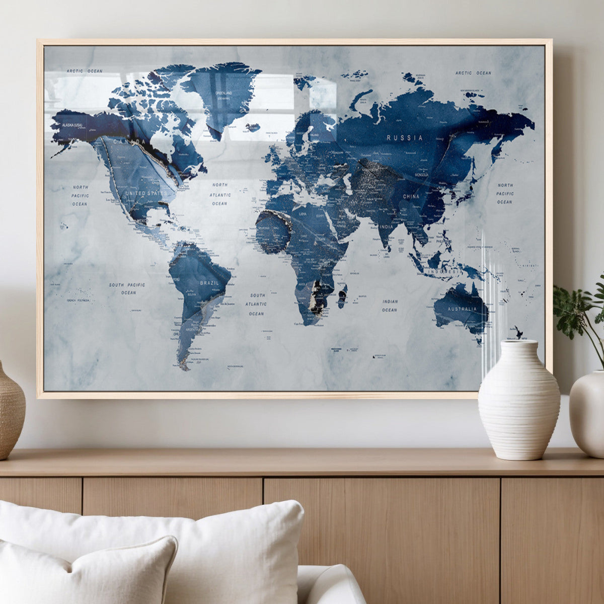 Modern Blue World Map Canvas Print – Framed Wall Art,