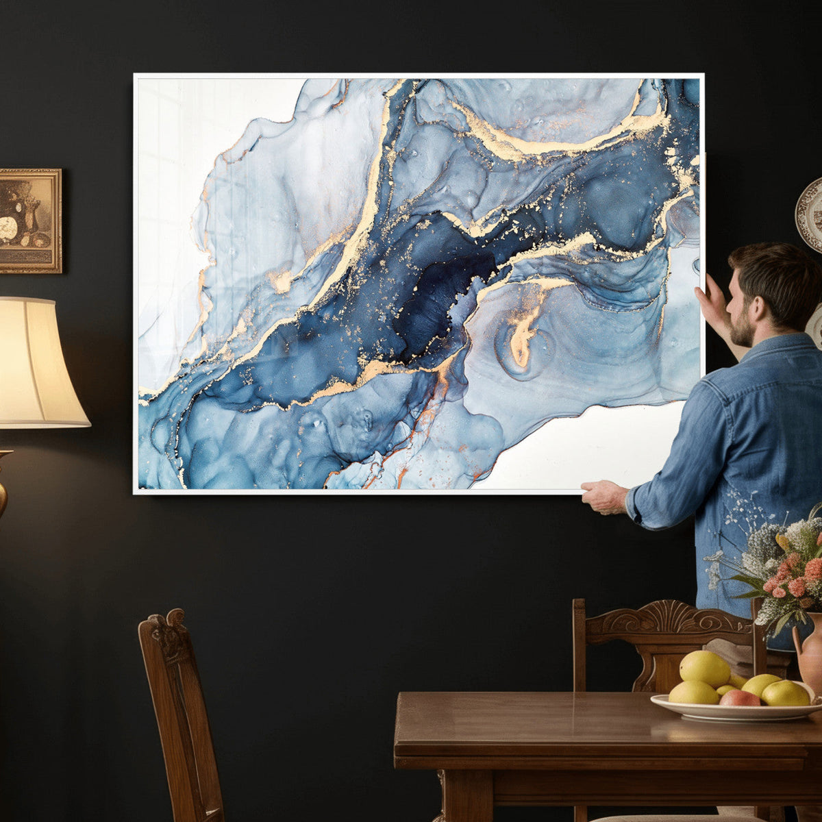 Blue Abstract Canvas Wall Art Print | Fluid Marble Effect Abstract Art