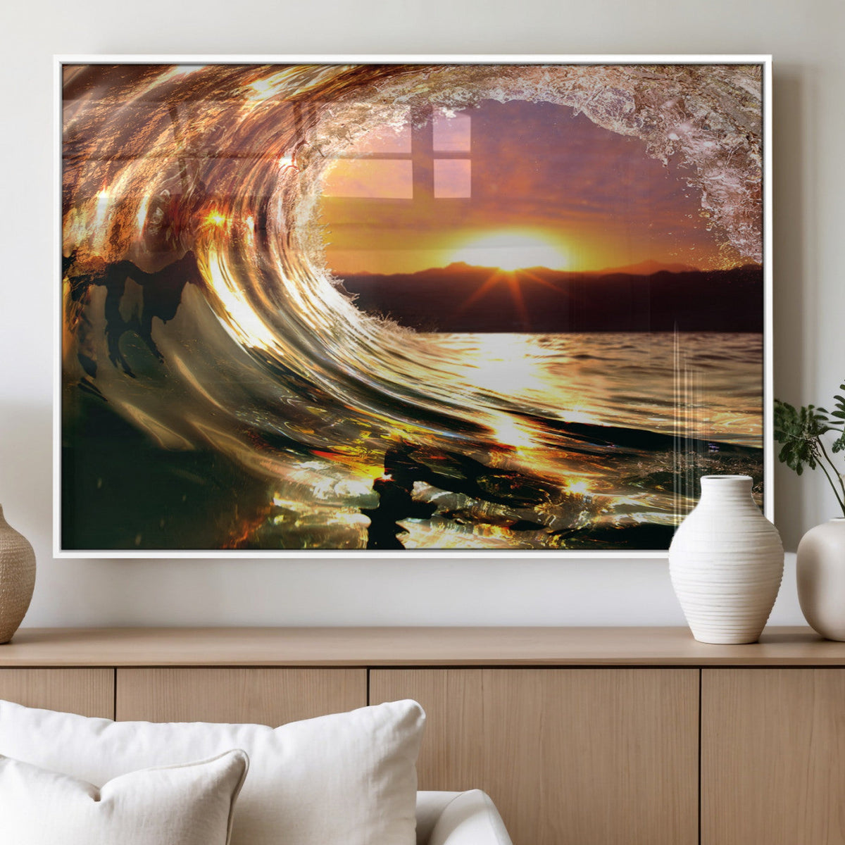 Golden Wave Sunset Triptych Canvas Art, Giclee Canvas Print