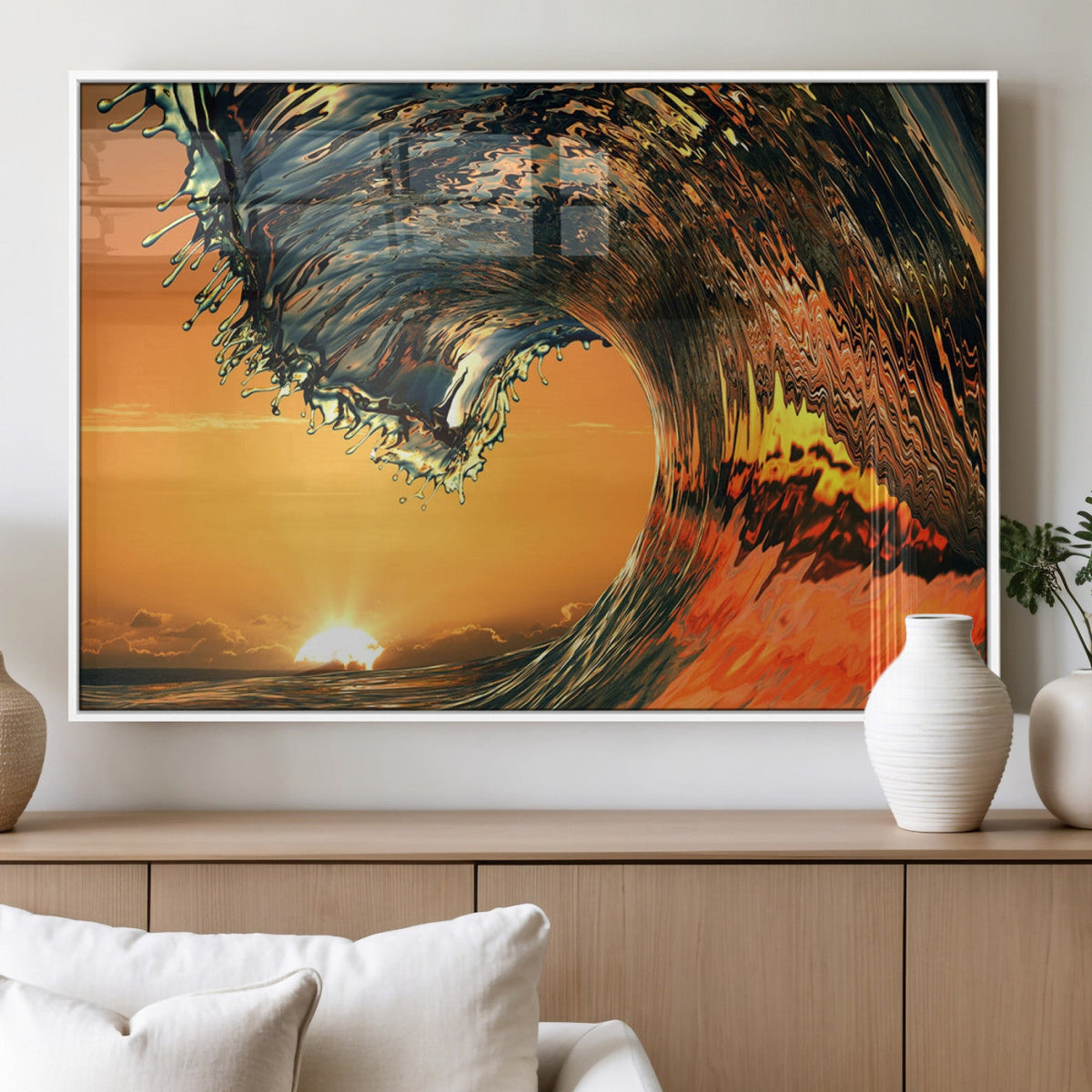 Surf Wave Sunset Canvas Wall Art Print, 3-Panel Ocean