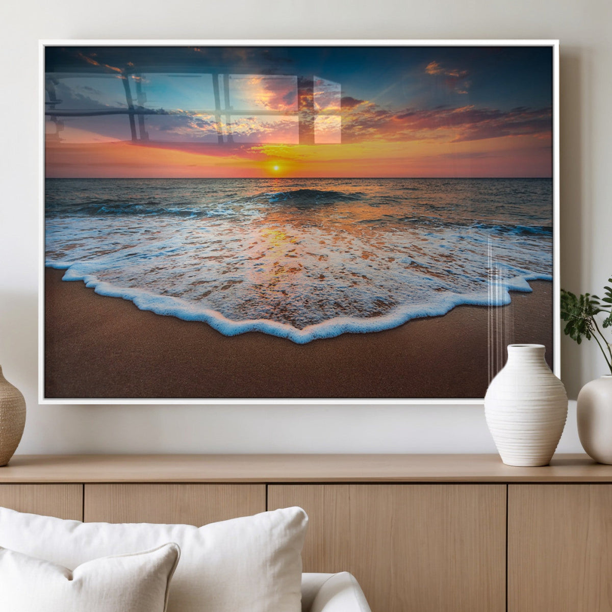 Sunset Beach Canvas Wall Art – Colorful Ocean Waves Triptych