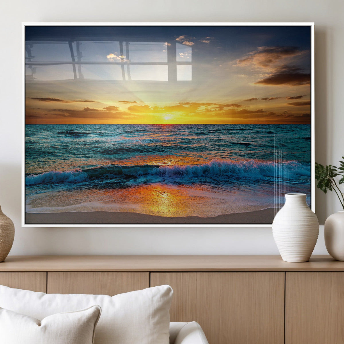 Vibrant Ocean Sunrise Over Golden Beach Waves, Giclee Canvas
