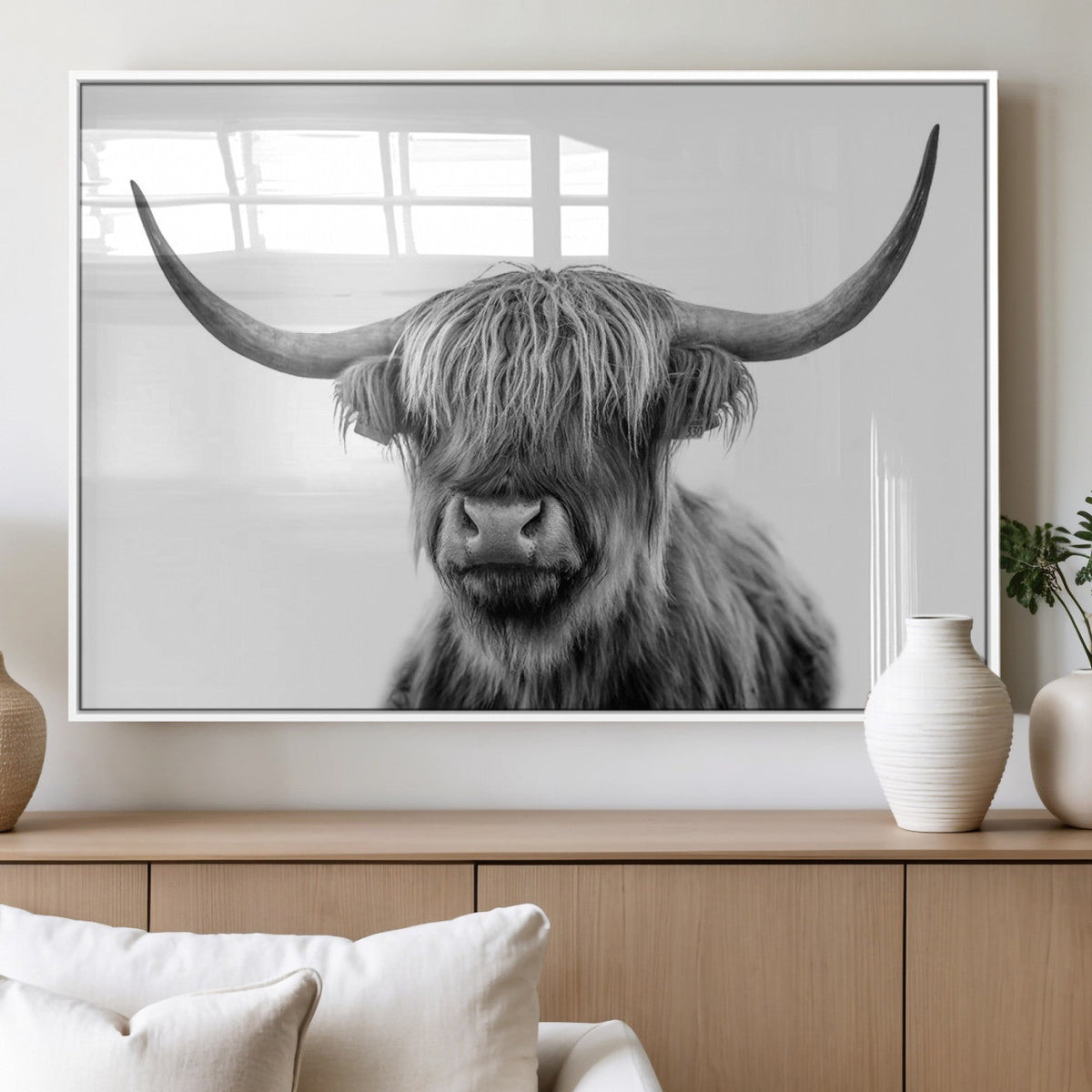 Grayscale Scottish Highland Cow Cattle Art Print Farmhouse
