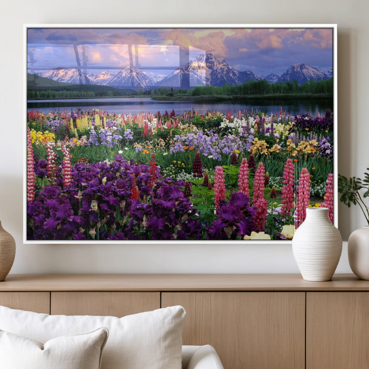 Vibrant Wildflower Garden and Mountain View Giclee Canvas