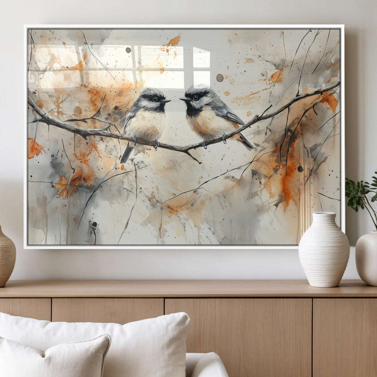 Abstract Watercolor Chickadee Bird Canvas Wall Art Print -