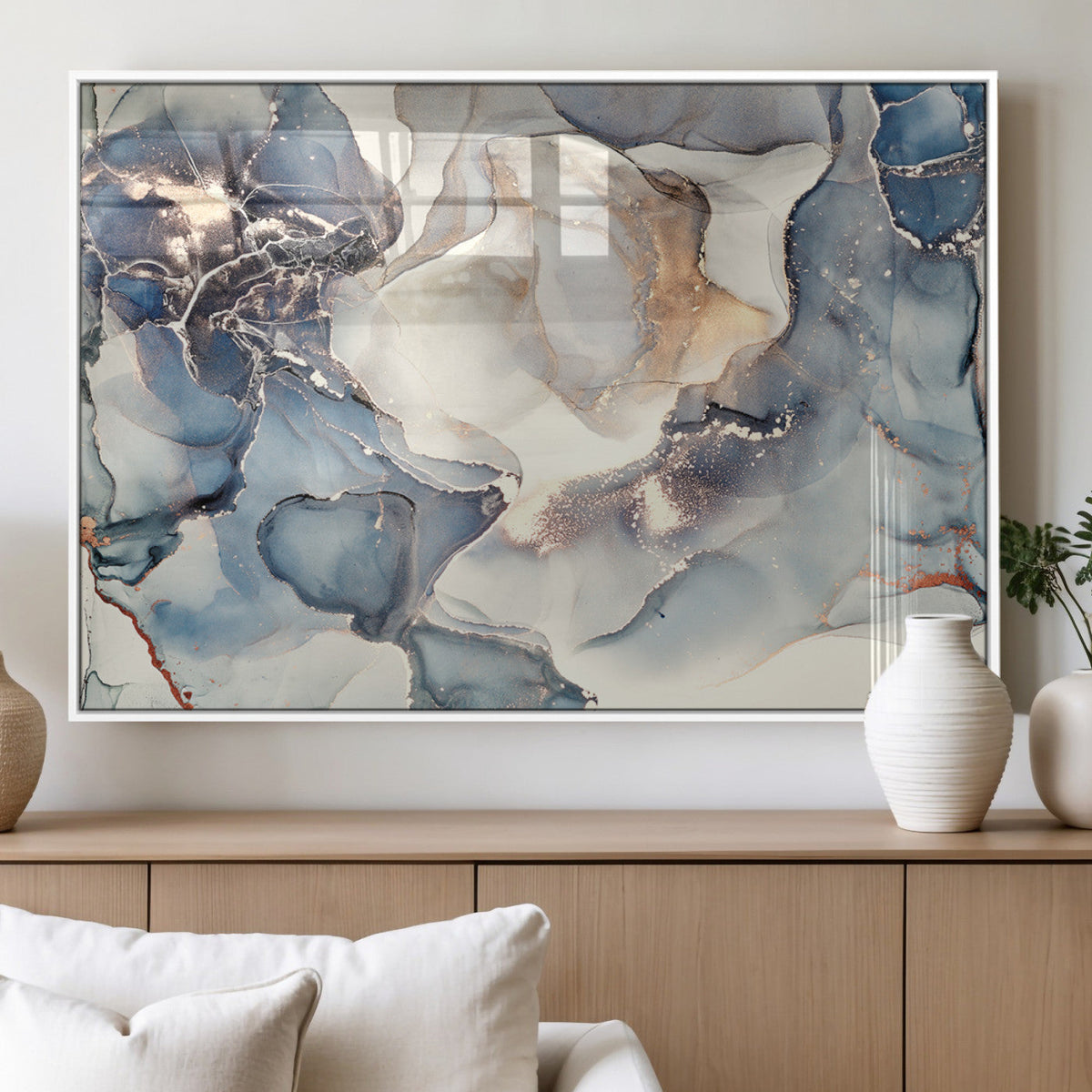 Abstract Blue and Gold Canvas Wall Art - Fluid Modern Ink