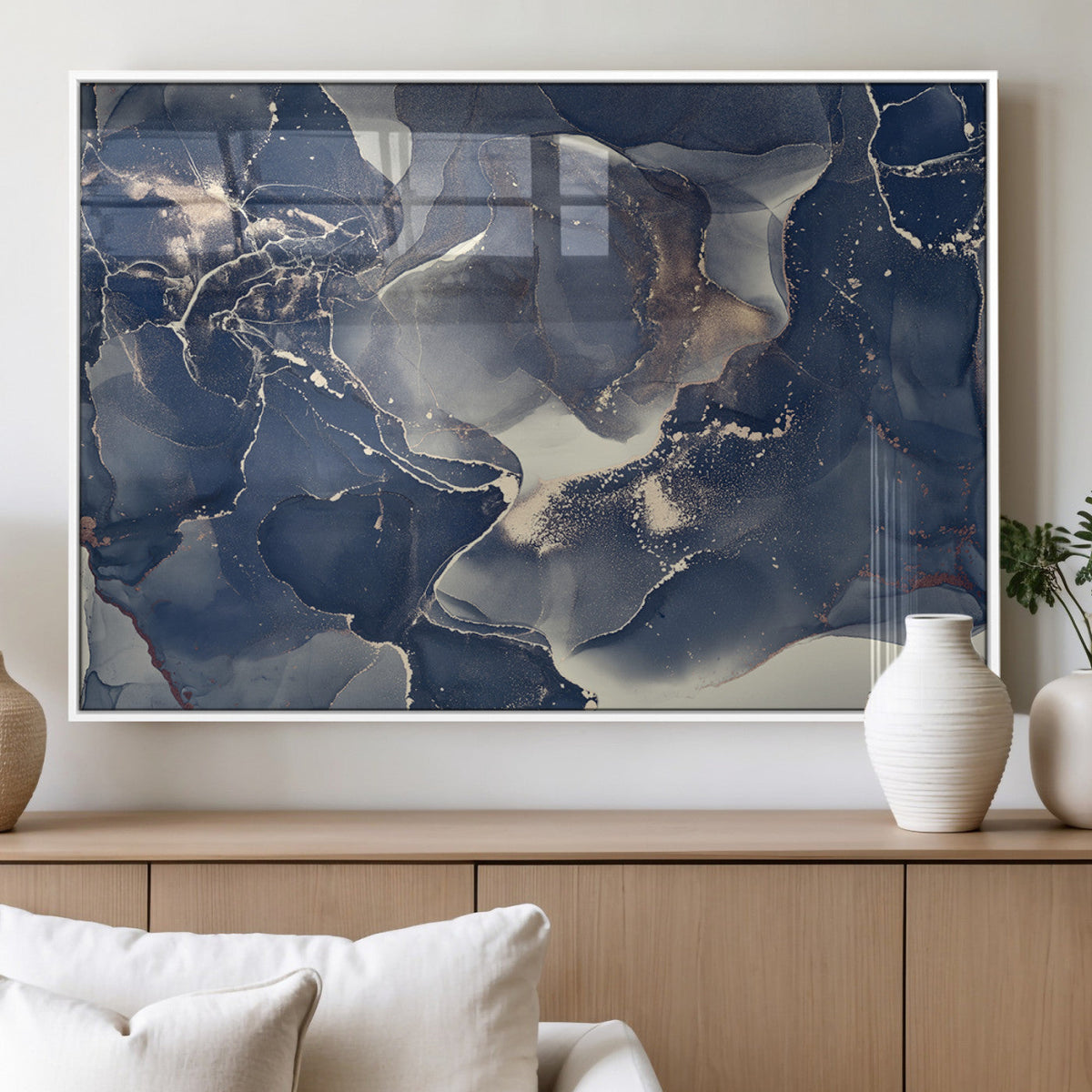 Large Abstract Blue and Gold Canvas Wall Art Fluid Ink