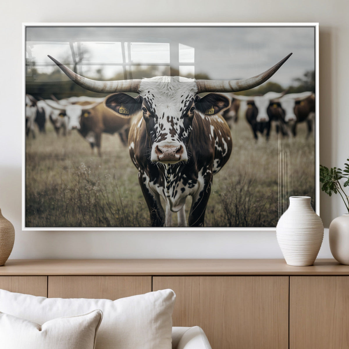 Texas Longhorn Wall Art – Framed Speckled Cow Canvas