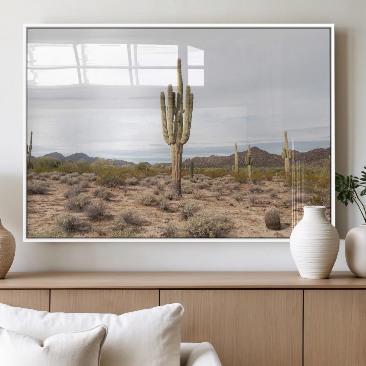 Saguaro Cactus Wall Art – Framed Desert Canvas Artwork,