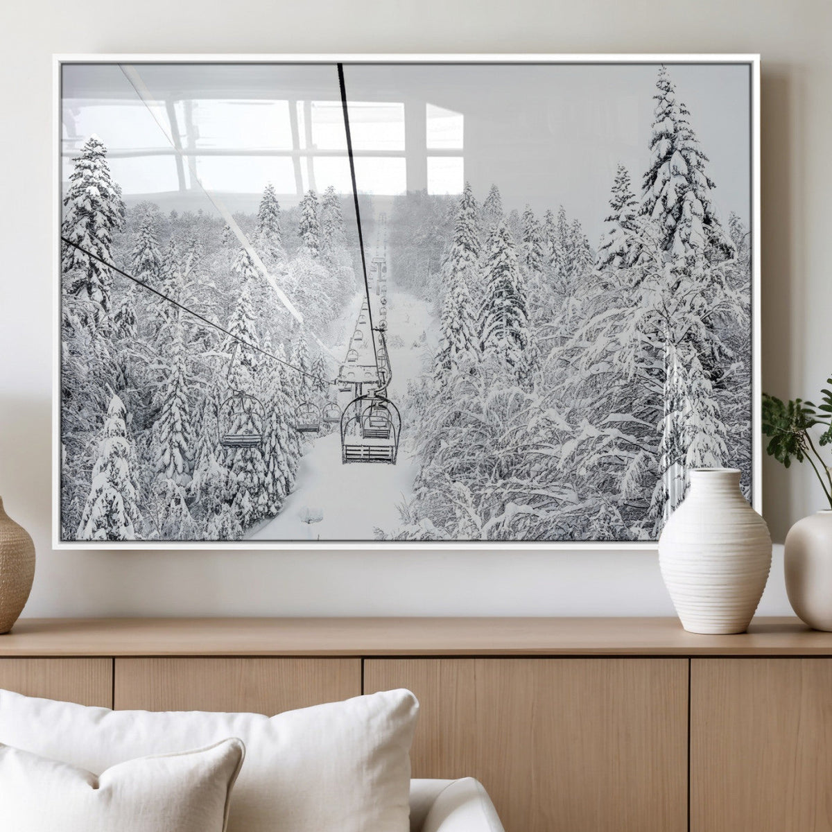 Snowy Ski Lift Wall Art – Framed Winter Mountain Canvas