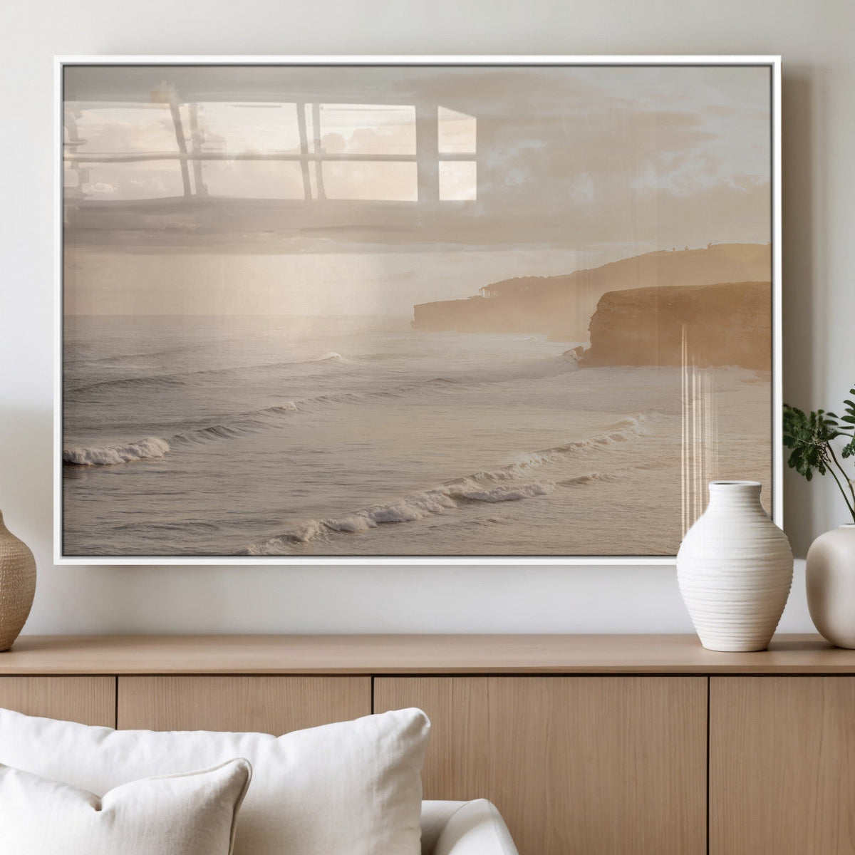Misty Coastal Wall Art Canvas Print – Framed Golden Sunset