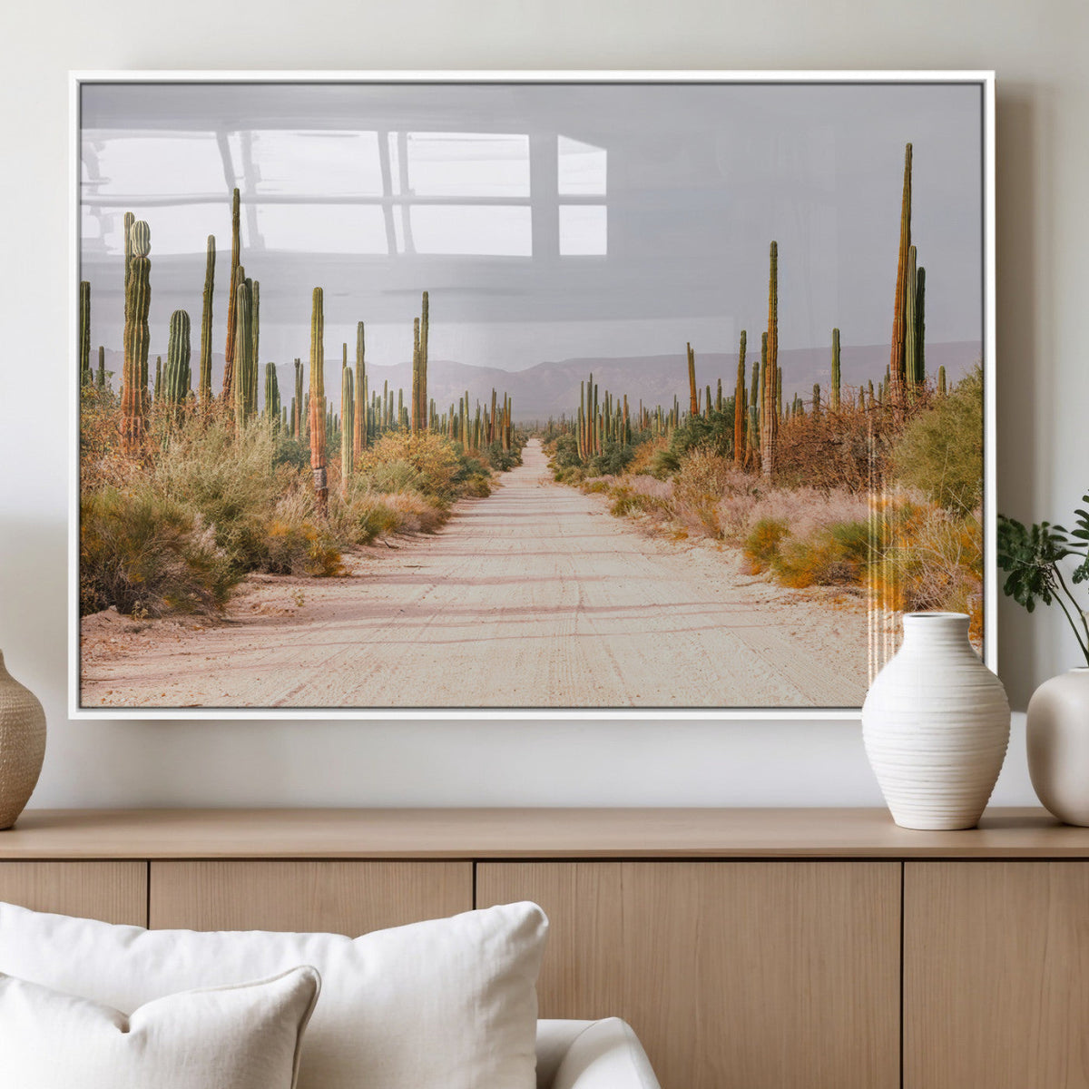 Desert Cactus Lined Road Wall Art Canvas Print – Framed