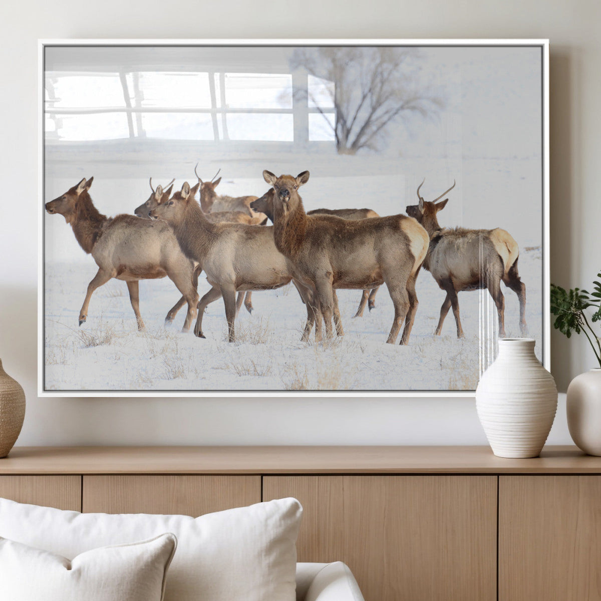 Winter Elk Scene Wall Art Canvas Print – Framed Wildlife