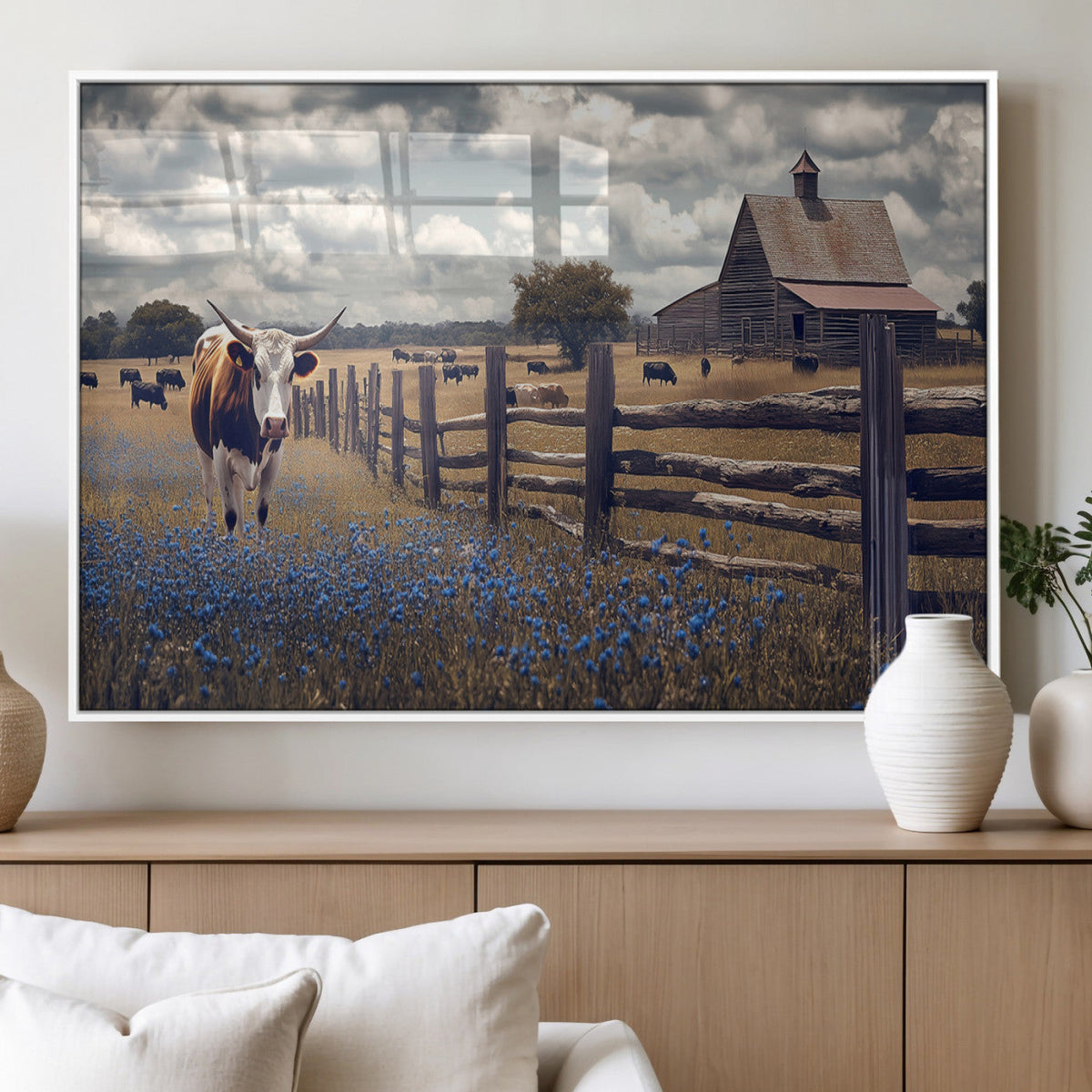 Texas Longhorn Canvas Wall Art Print – Framed Rustic Barn