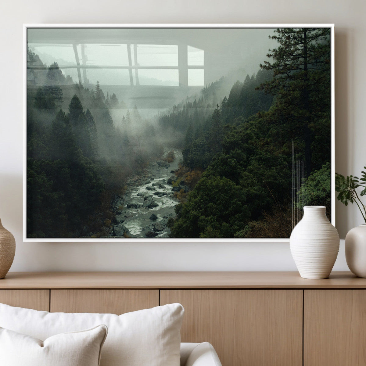 Misty Forest Wall Art Canvas Print – Framed Foggy River