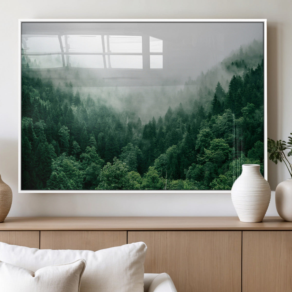 Misty Green Forest Canvas Print – Framed Serene Foggy Pine