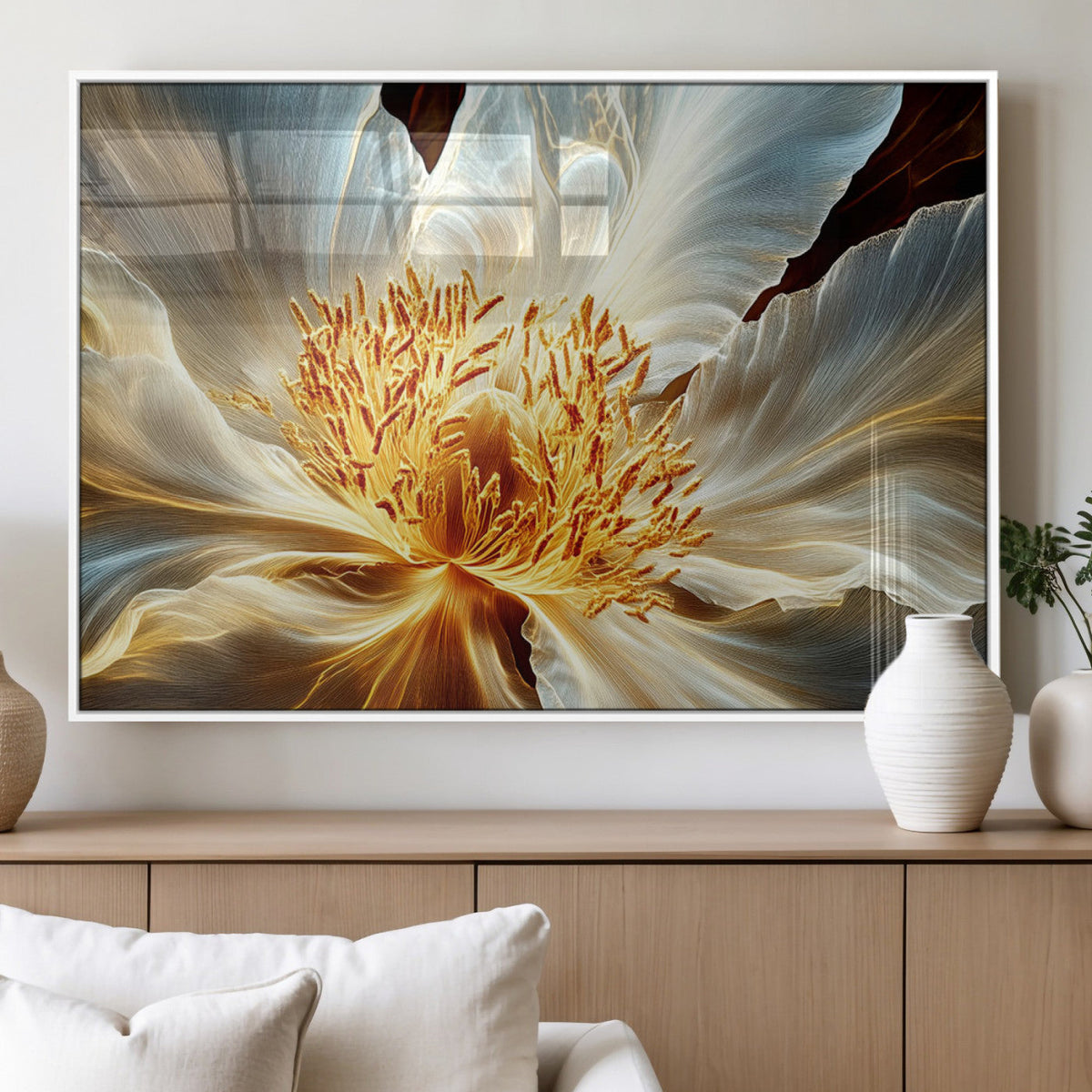 Golden Abstract Flower Canvas Wall Art, Modern Botanical