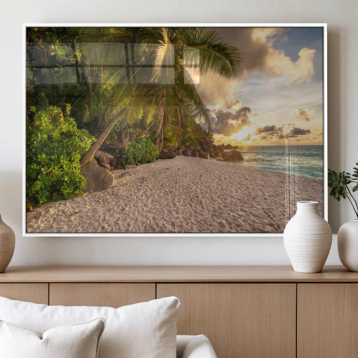 Tropical beach sunset, palm trees, white sand, ocean waves,