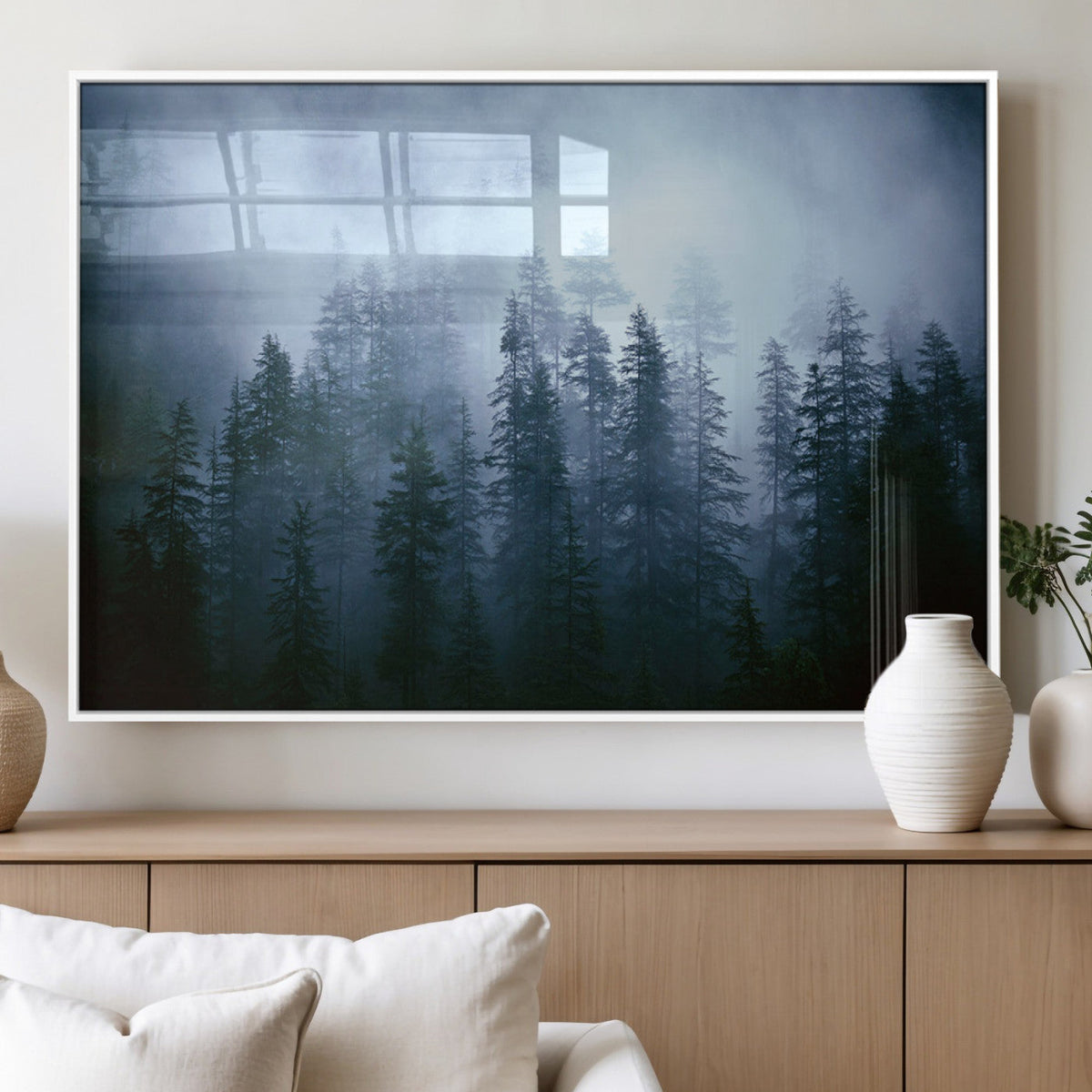 Foggy Evergreen Pines Wall Art – Mist Forest Blue Haze Moody