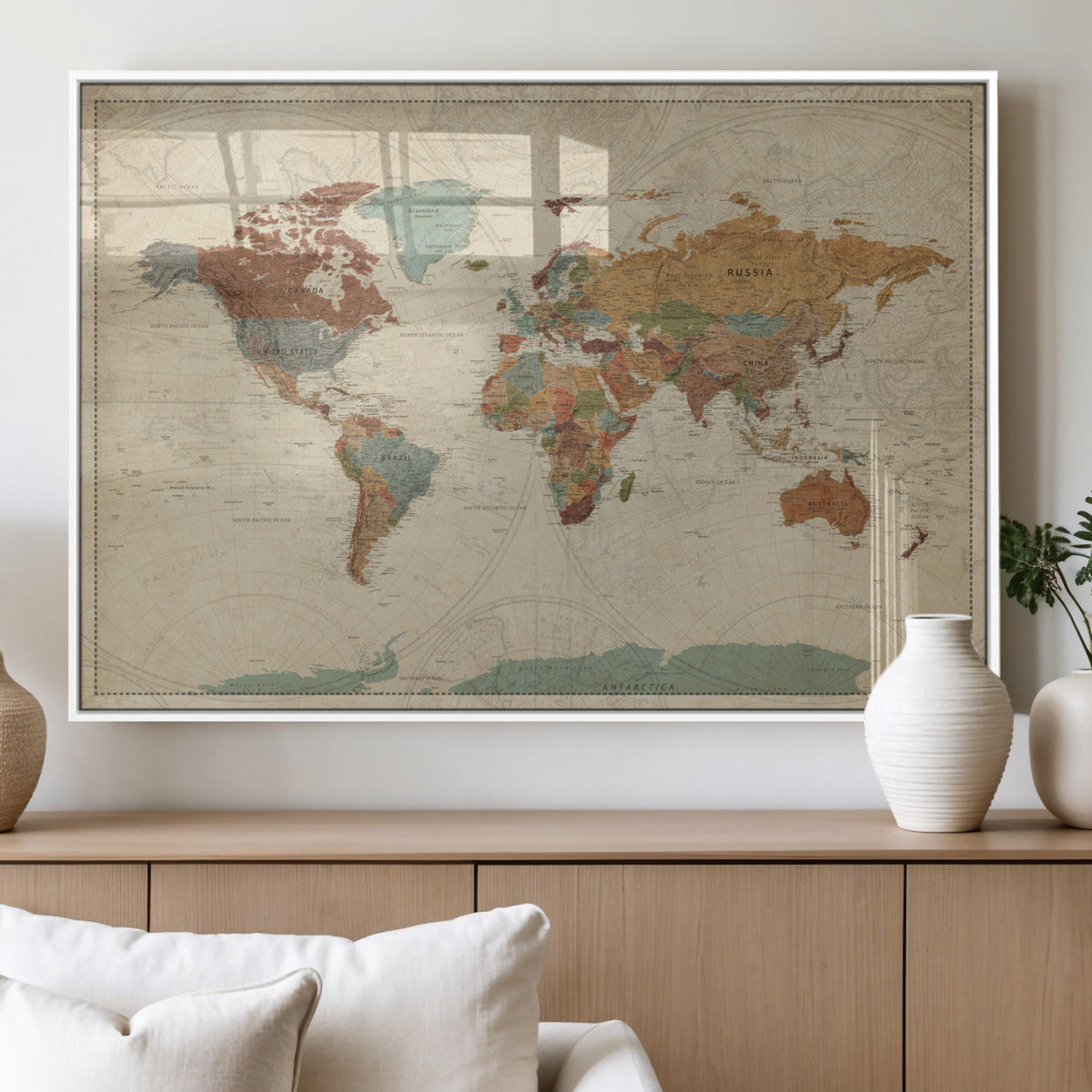 Vintage World Map Canvas Wall Art Print – Framed Modern